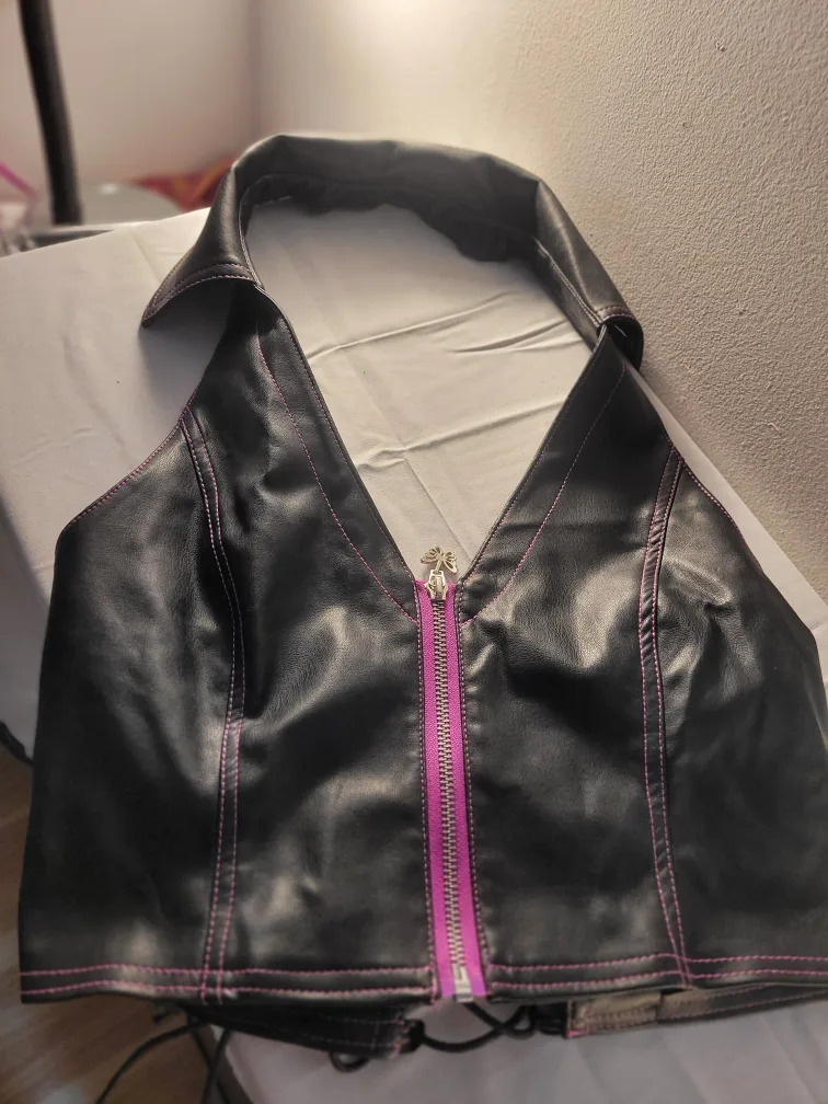 Black Vegan Leather Halter Top and Mini Skirt Set image indicator(3)