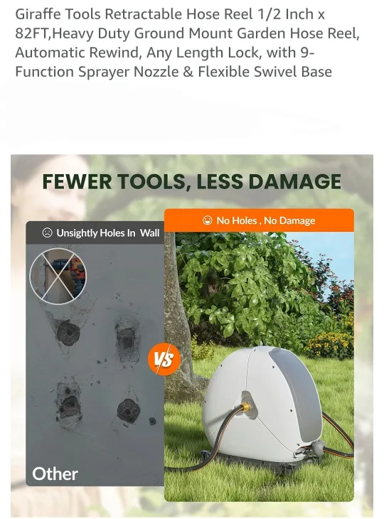 Giraffe Tools Retractable Garden Hose Reel - 82FT thumbnail