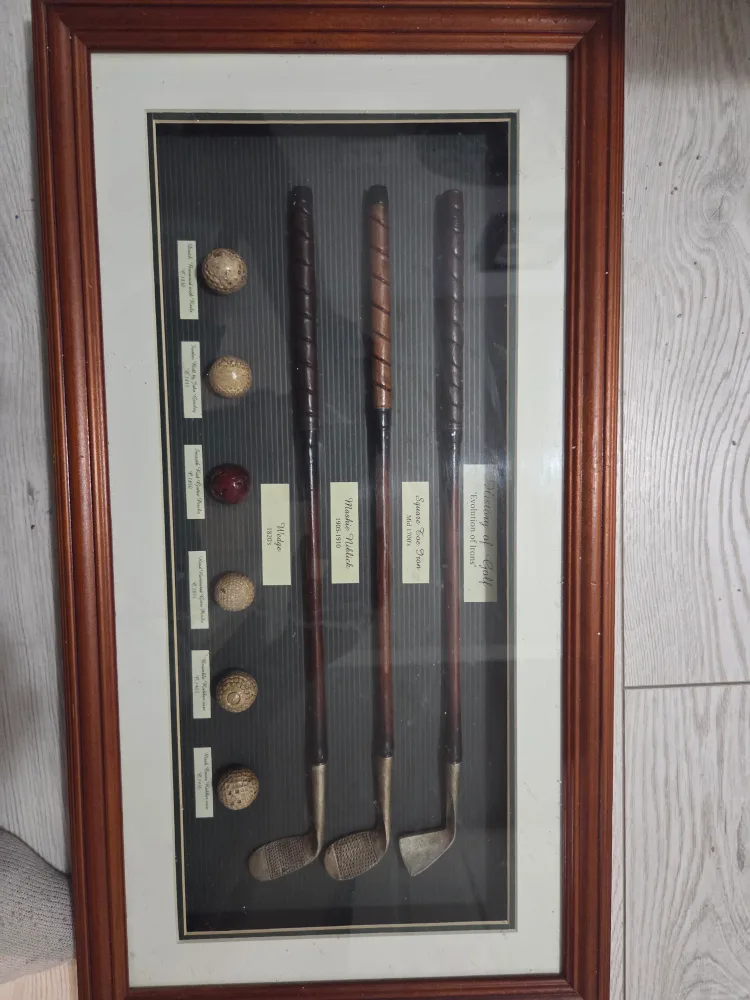 Framed Antique Golf Clubs & Balls thumbnail