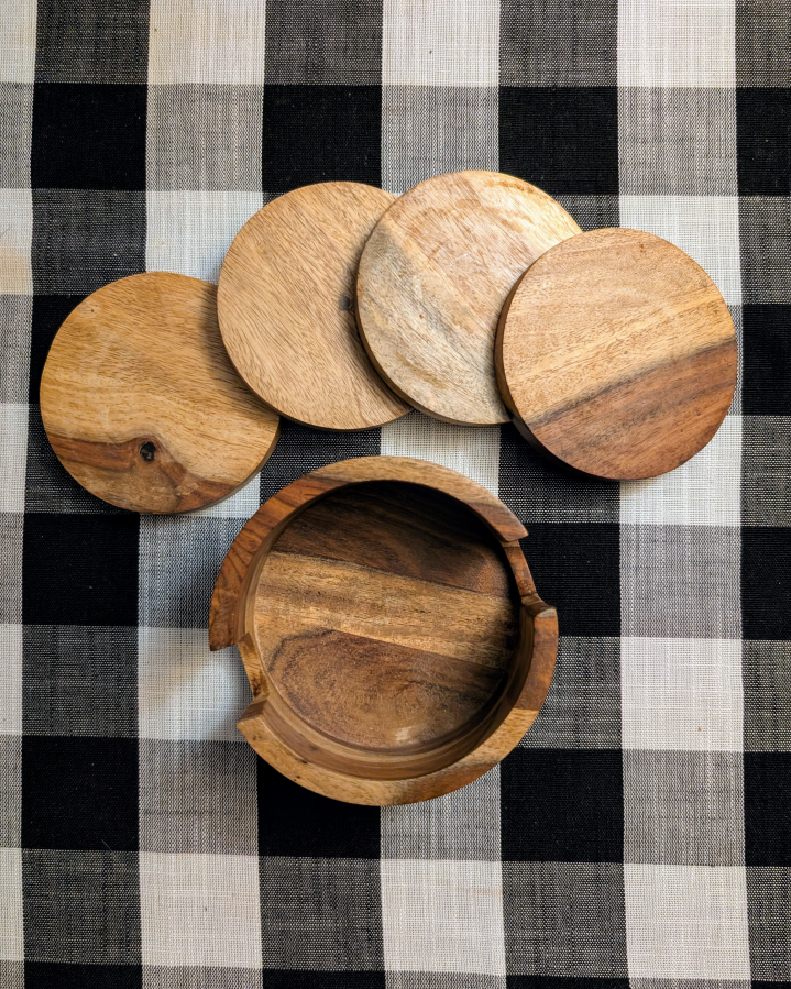 Set of 4 Indian Rosewood Coasters + Holder