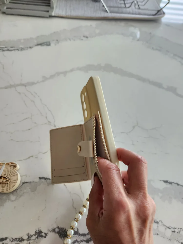galaxys22 Beige Phone Case Wallet With Pearl Strap image indicator(2)