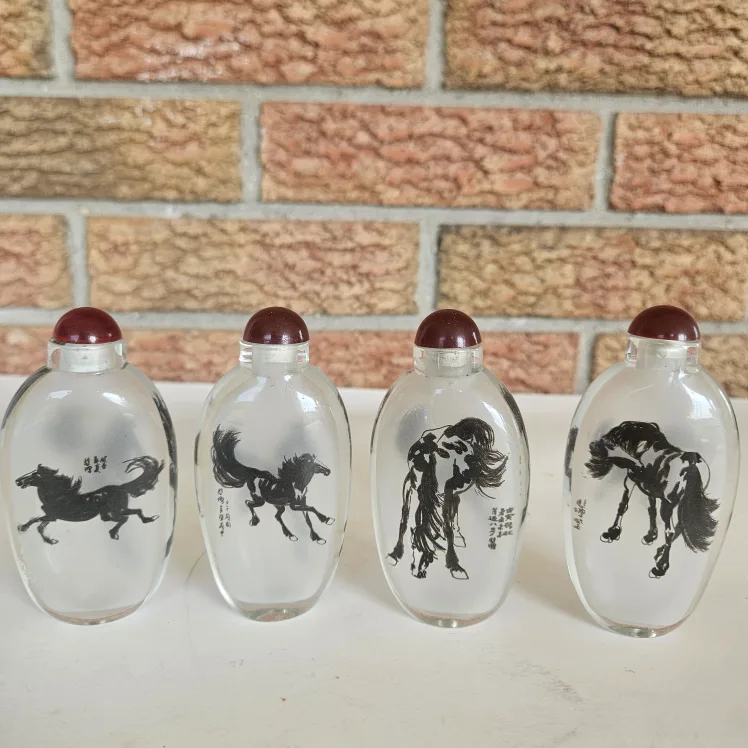Vintage Chinese Reverse Hand Painted Snuff Bottle Horse Set Of 4 thumbnail