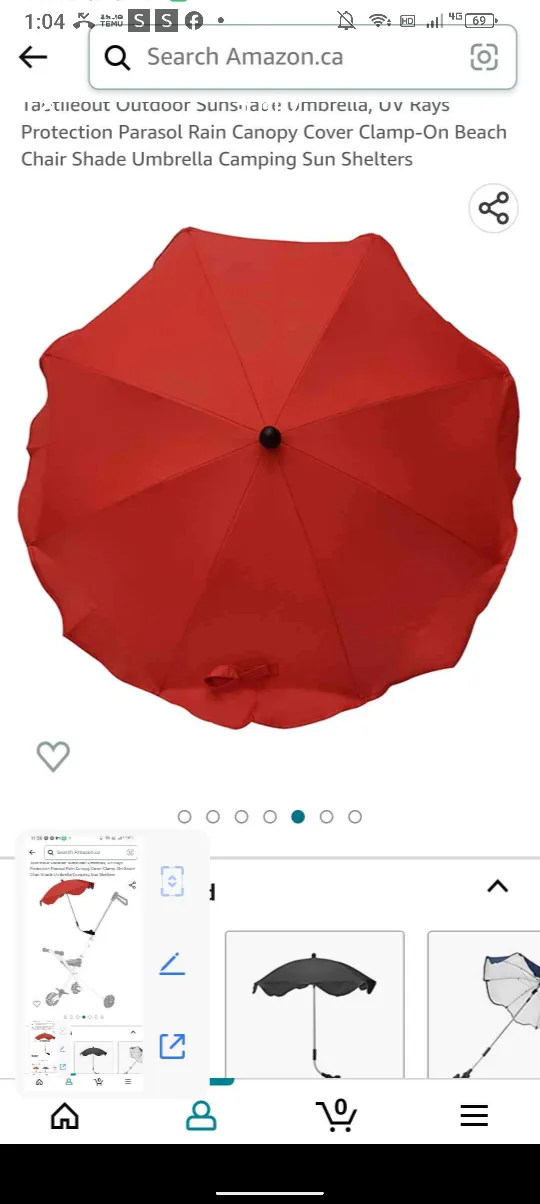 Red Outdoor Sunshade Umbrella - Clamp-On Beach Chair NEW image indicator(5)