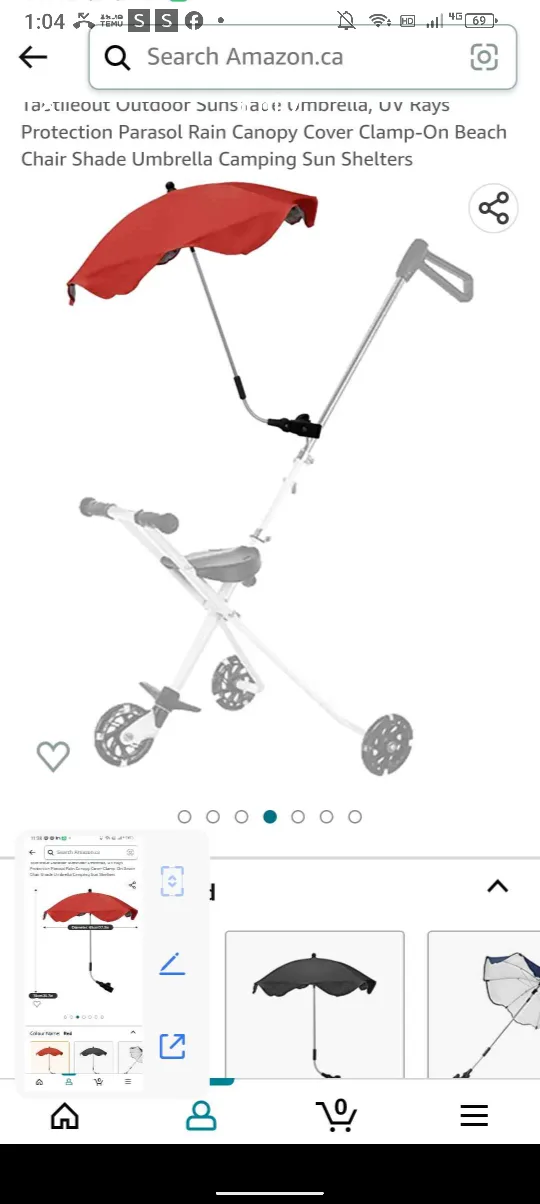 Red Outdoor Sunshade Umbrella - Clamp-On Beach Chair NEW image indicator(6)