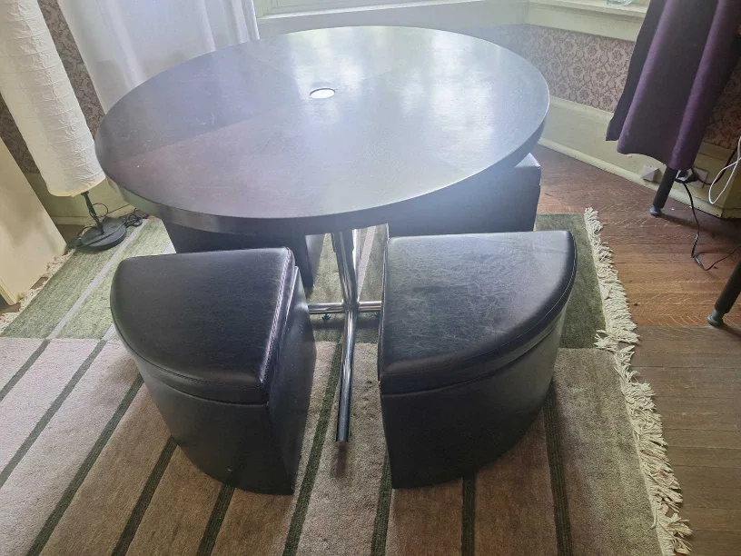 Round Dining Table Set + 4 Ottomans with wheels & storage space image indicator(3)