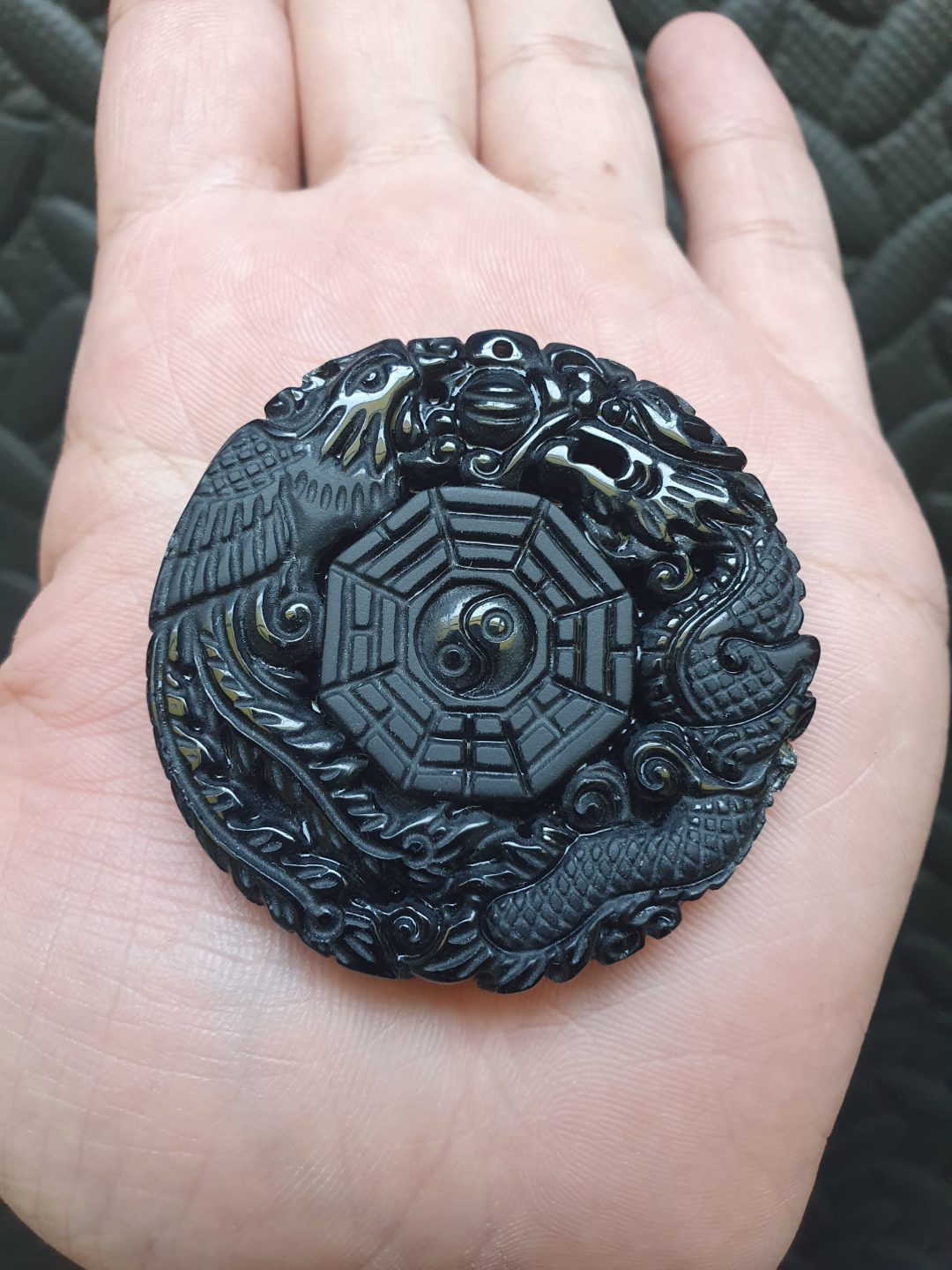 Round Obsidian Pendant Dragon and Phoenix