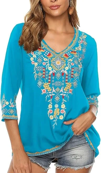 Blue Exquisite Mexican Embroidered Blouse image indicator(4)