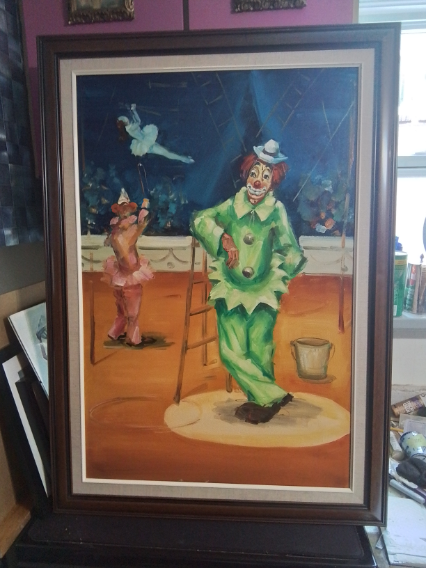 Vintage Framed Oil Painting – Circus Clown and Performers Scene