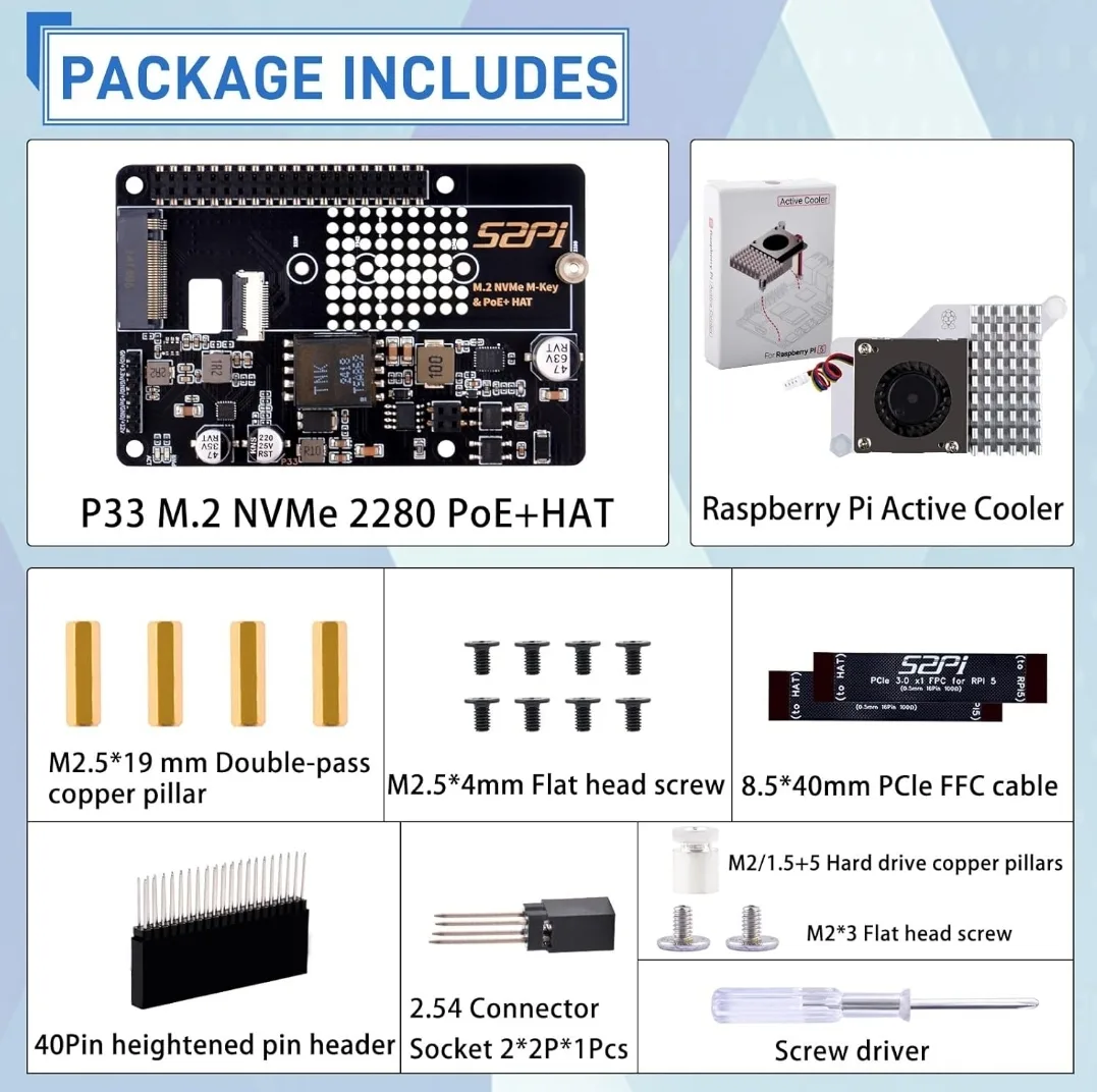 GeeekPi P33 M.2 NVMe PoE+ HAT + Official Raspberry Pi 5 image indicator(10)