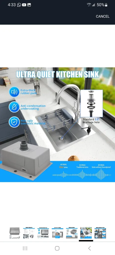 Ultra Quiet Kitchen Sink, Stainless Steel, 28x18x9" thumbnail
