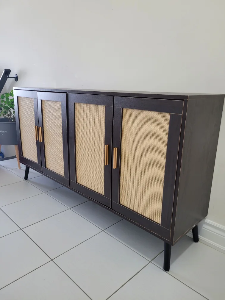 Modern Brown Buffet Cabinet with Rattan Door Panels thumbnail