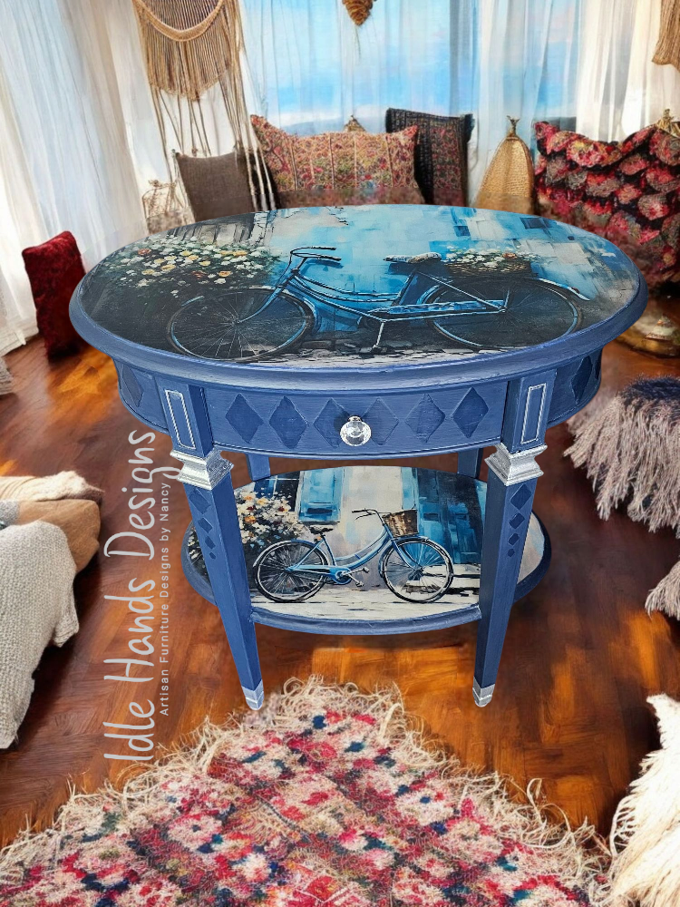 Blue End Table with Bicycle Print Accent Table