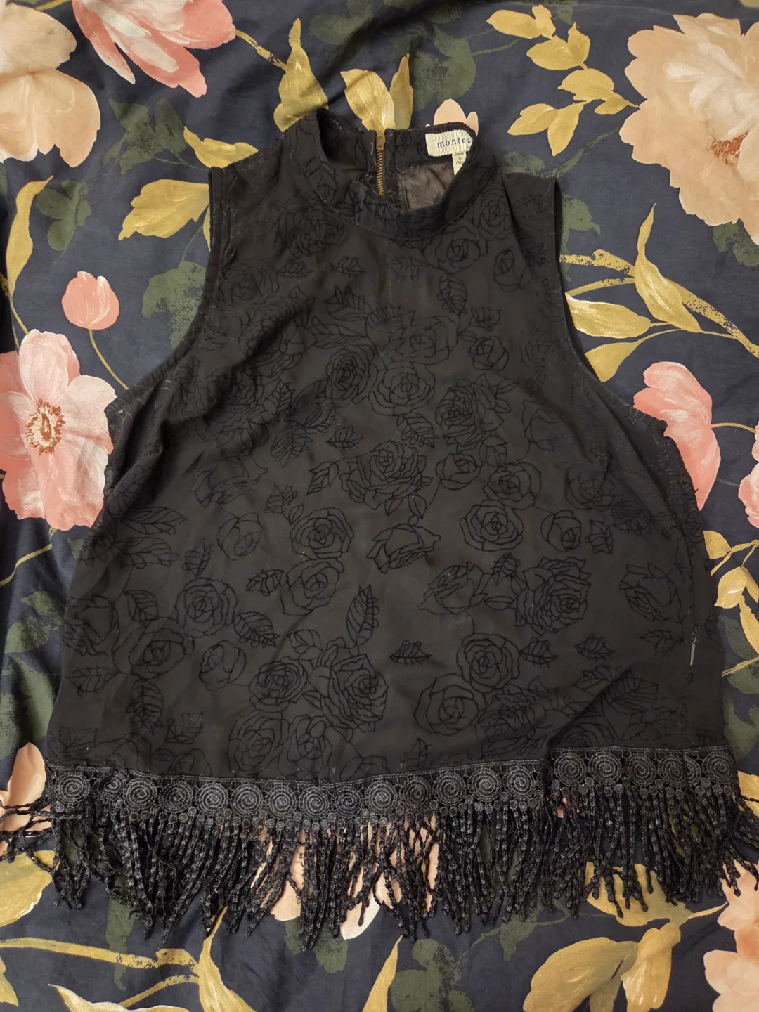 Black Floral Top with Fringe thumbnail