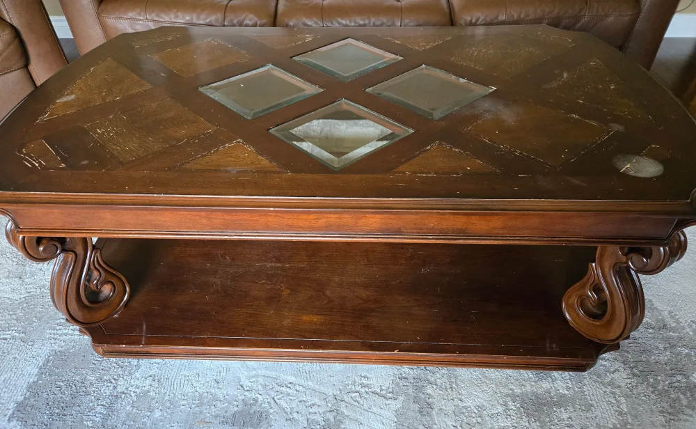 Wood Coffee Table with Glass Inserts with wheels thumbnail