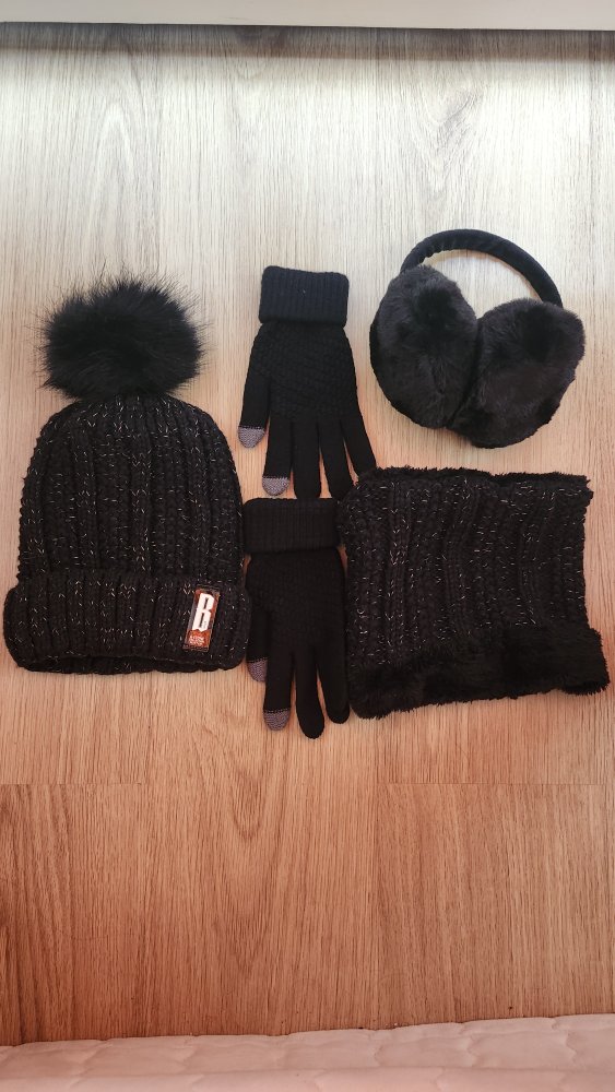 Black Winter Hat, Gloves, Earmuffs and Neck Warmer Set