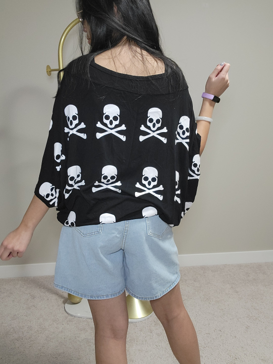 Skull Print Oversized T-Shirt - Black - photo 4