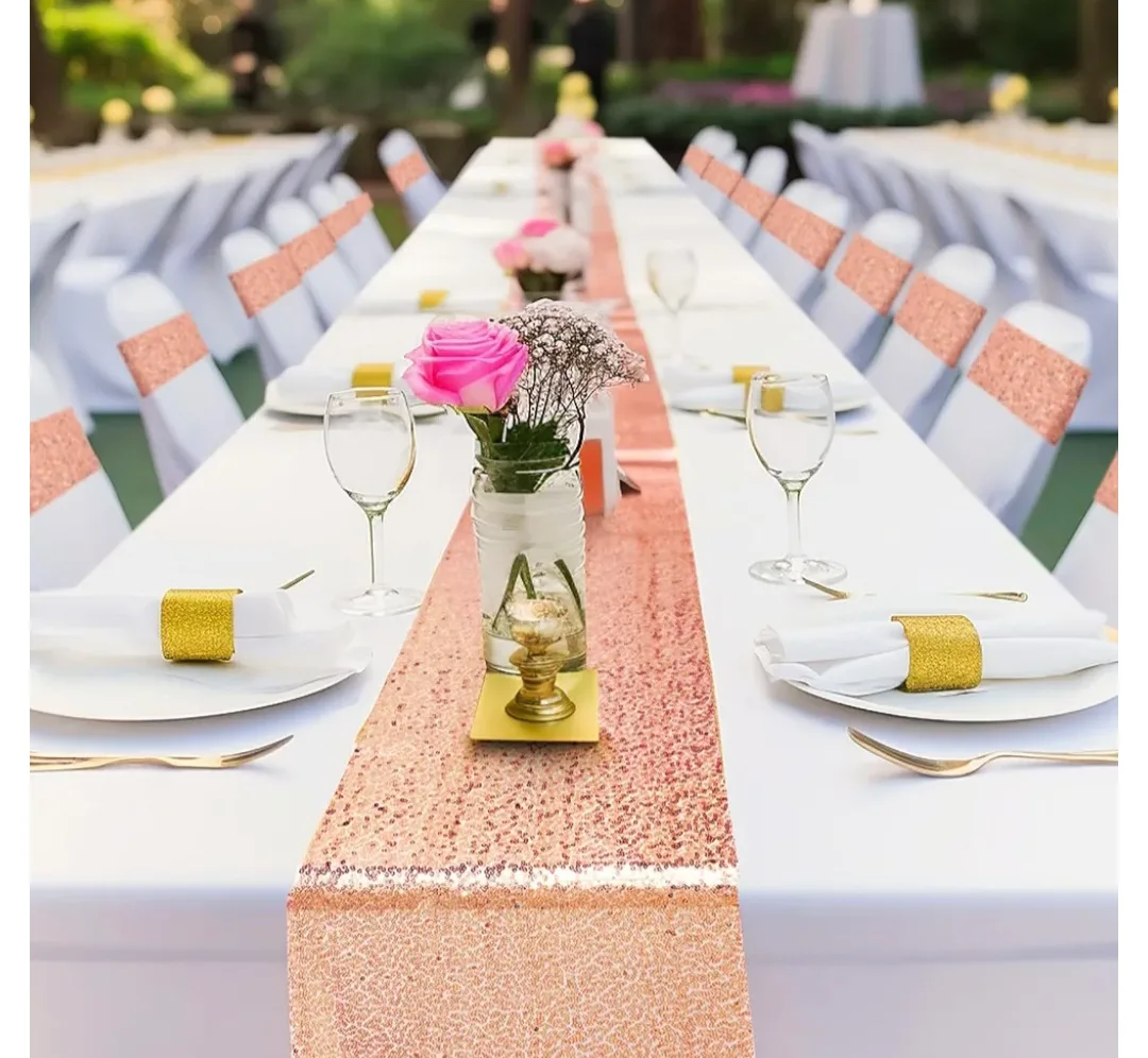 New 54 Pcs Rose Gold Sequin Chair Sashes and Table Runners Set thumbnail