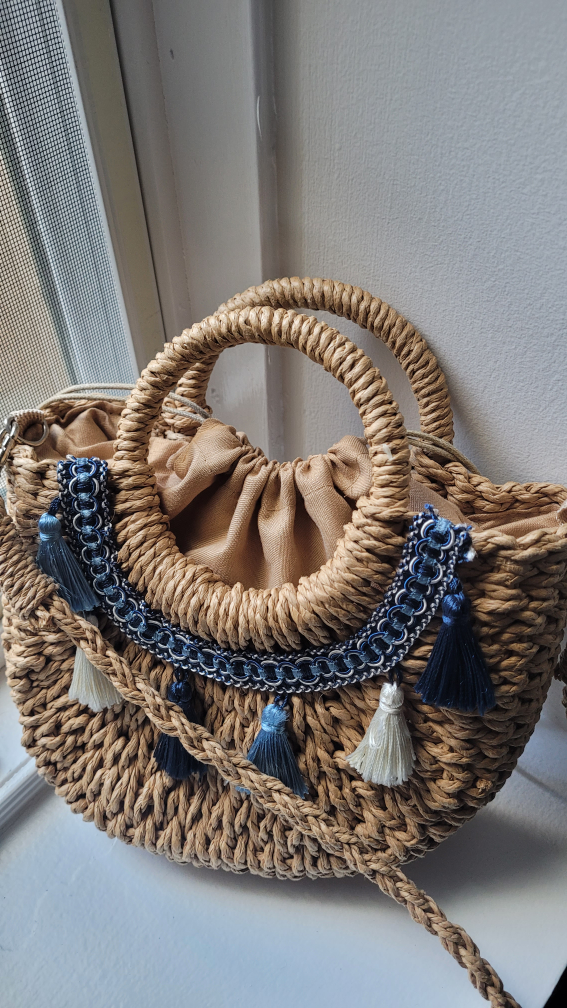 Woven Straw Handbag with Tassels