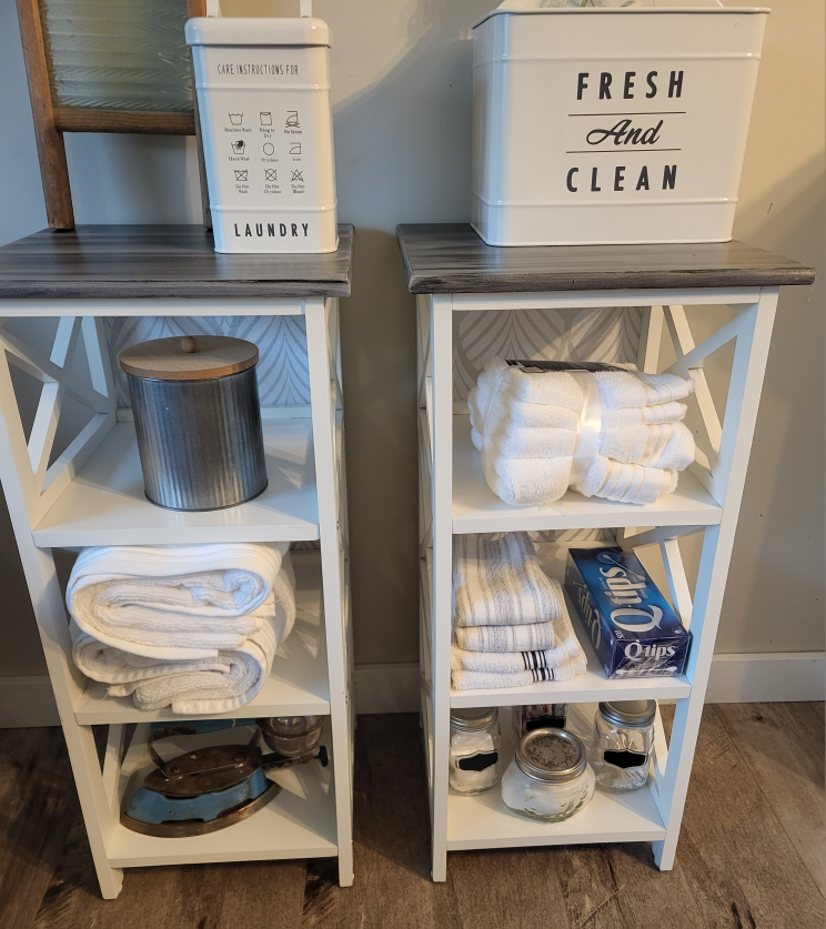 White storage Shelves With Grey Tops