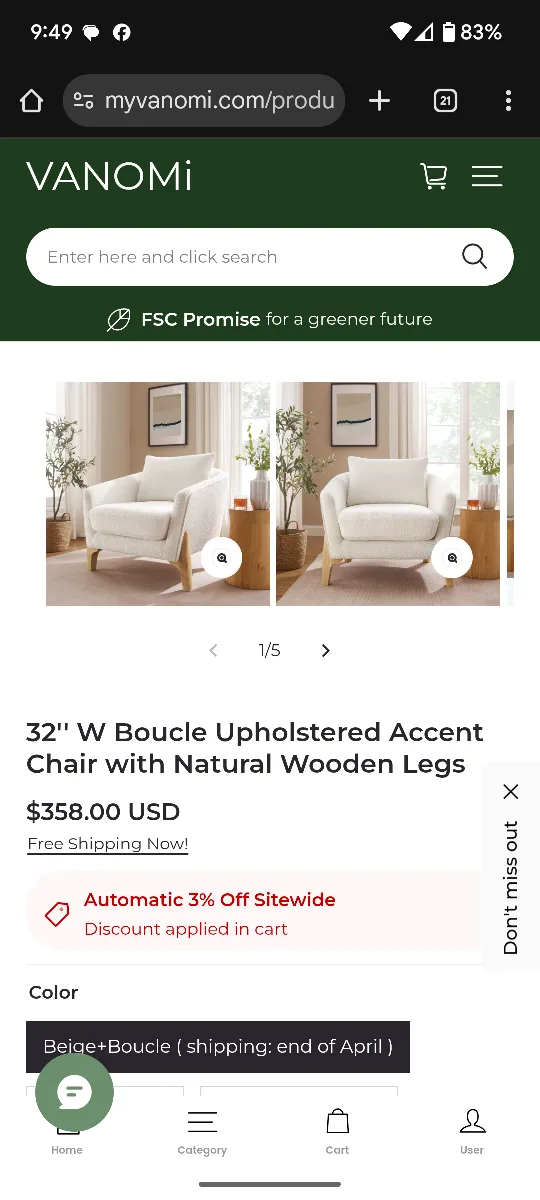 BRAND NEW Vanomi 32" Boucle White Accent Chair w/ wooden legs thumbnail