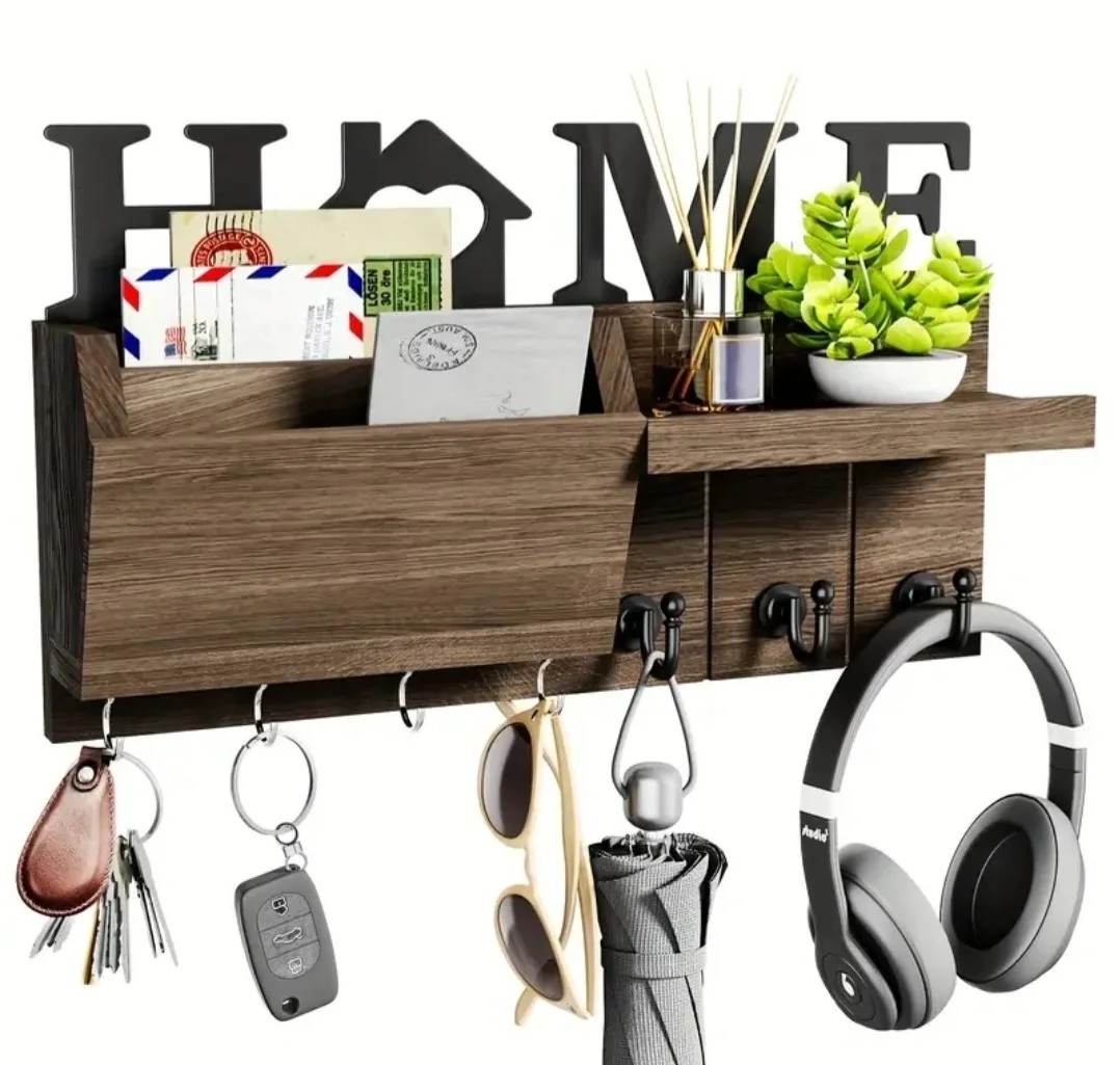 ***HOME*** Wooden Key Holder with 7 Key Hooks, Key Rack + Shelf thumbnail