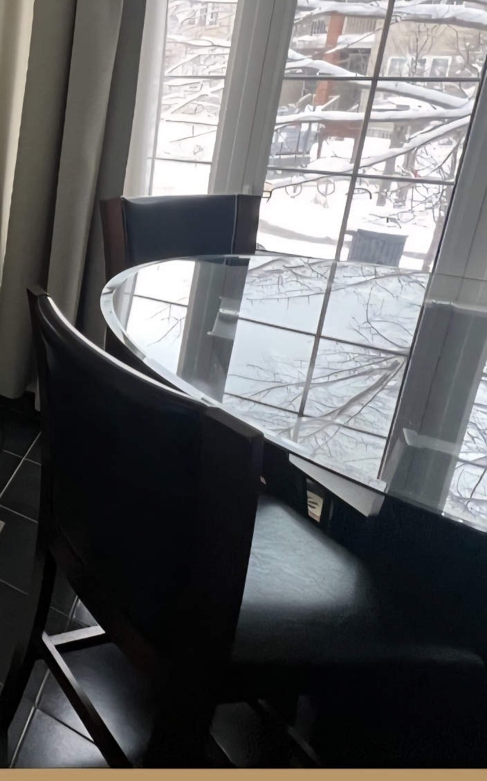 Pub Style Dining Table with 4 black leather and wood chairs