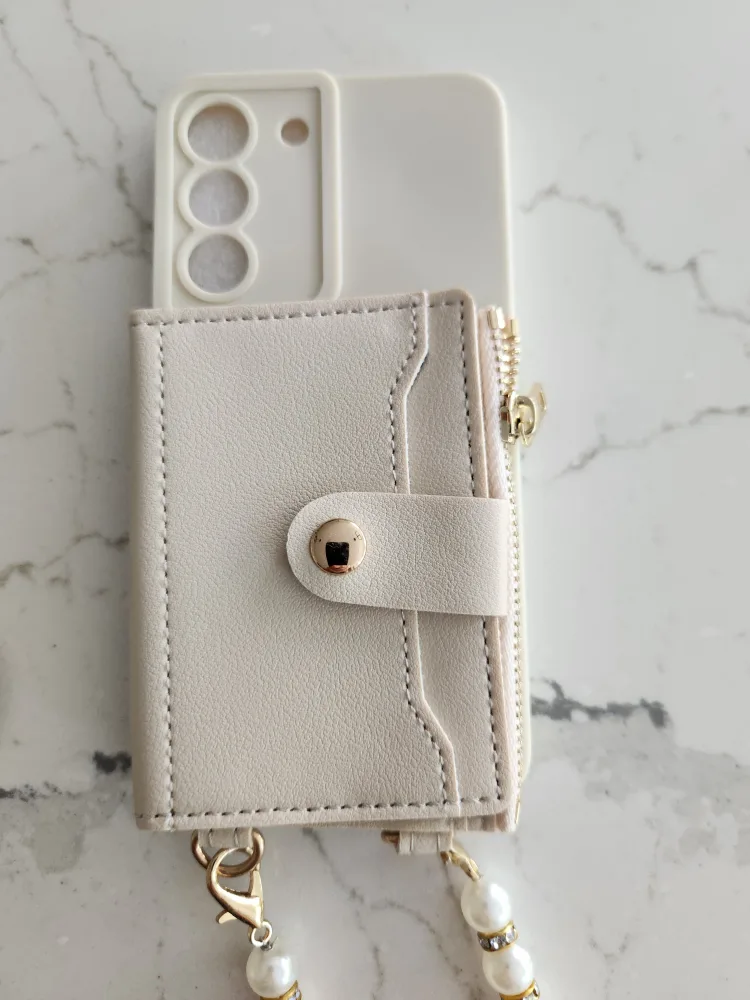 galaxys22 Beige Phone Case Wallet With Pearl Strap image indicator(4)