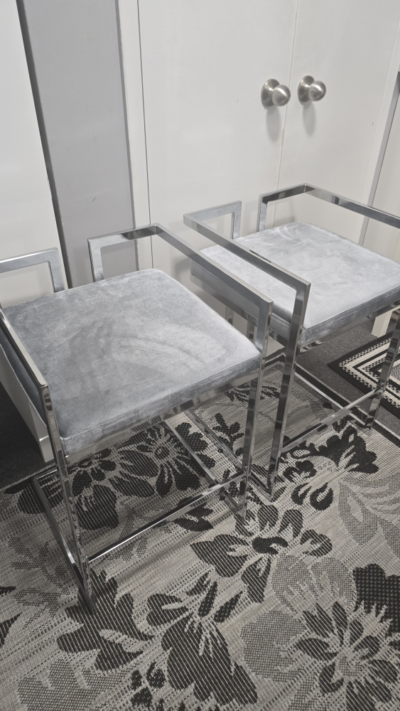 Set of 2 Silver Bar Stools - Grey Velvet - photo 3