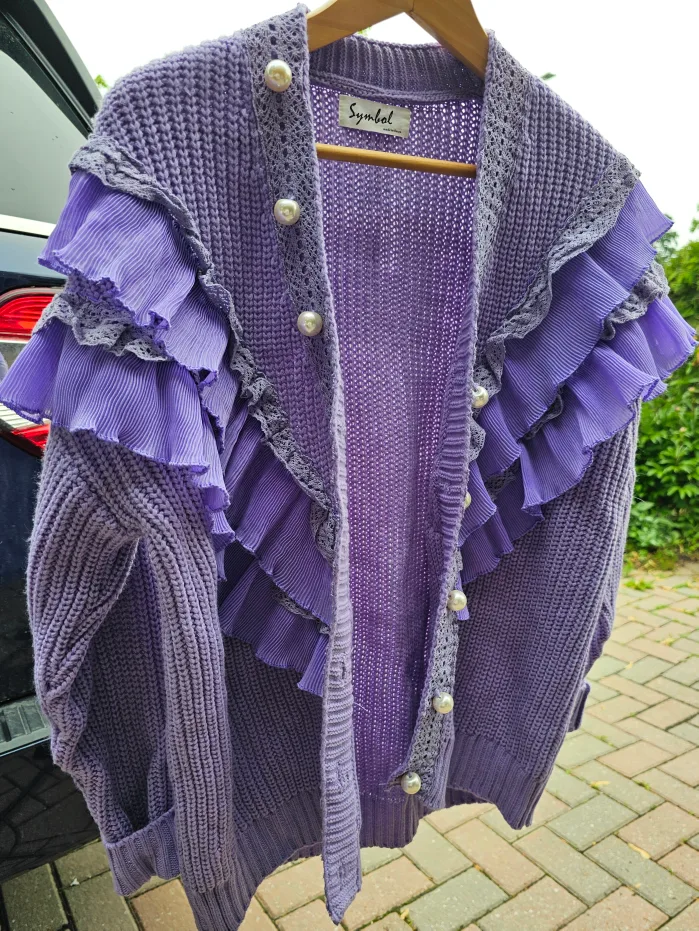 Purple Knit Cardigan with Ruffle Accents thumbnail