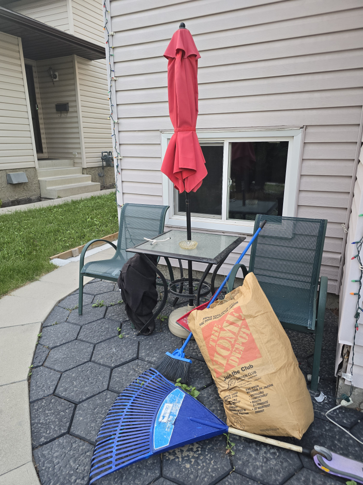 Patio Set with Umbrella and Gardening Tools