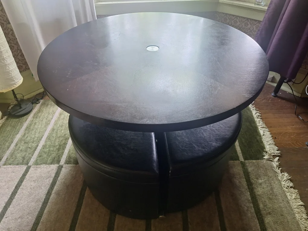Round Dining Table Set + 4 Ottomans with wheels & storage space image indicator(8)