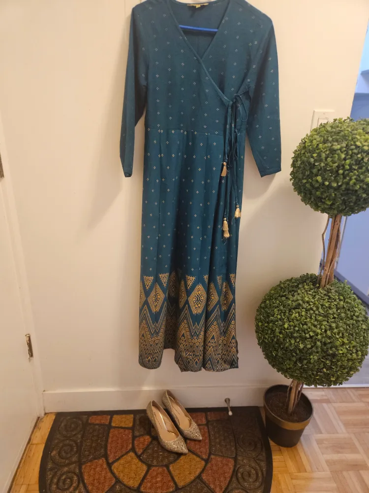 Teal & Gold Wrap Dress with Pants & Scarf image indicator(2)