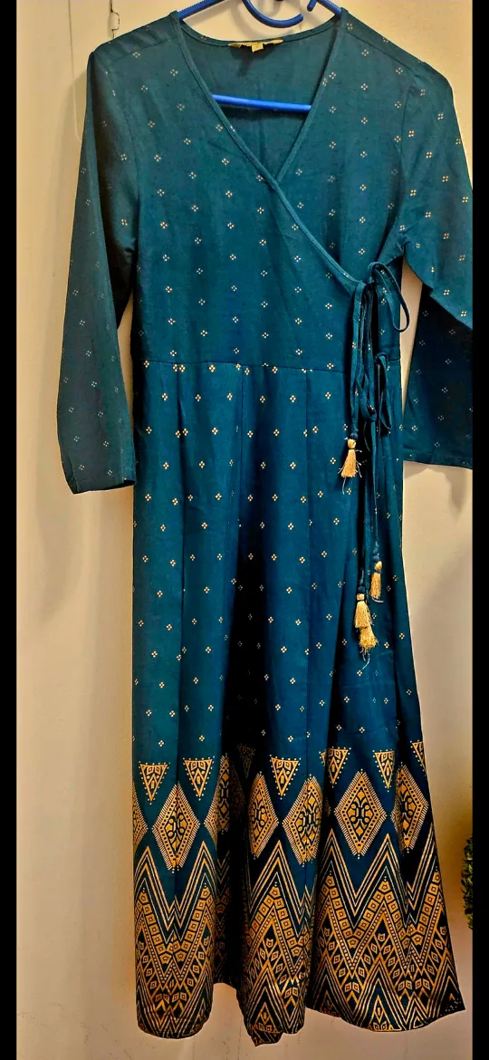Teal & Gold Wrap Dress with Pants & Scarf image indicator(3)
