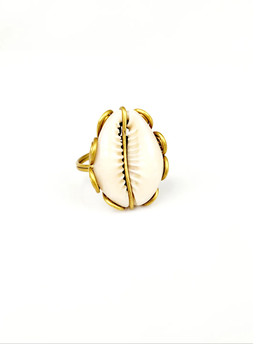 Adjustable Handmade African Brass Ring  Featuring a Cowrie Shell thumbnail
