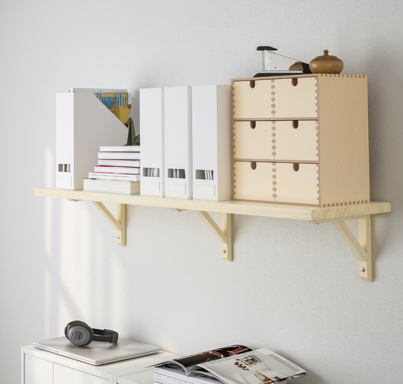 Wooden shelf with brackets
