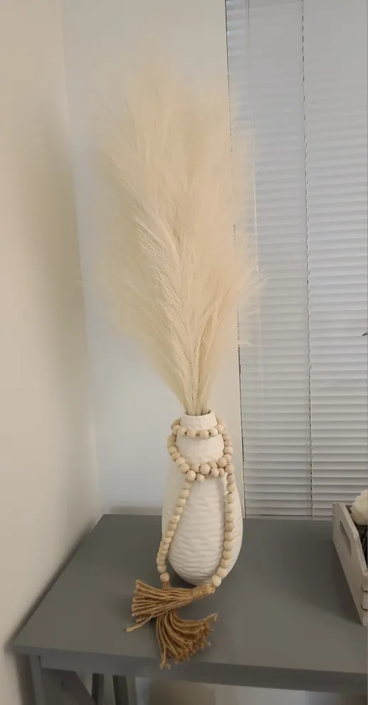 Faux Pampas Grass with Wooden Bead Garland and White Vase thumbnail