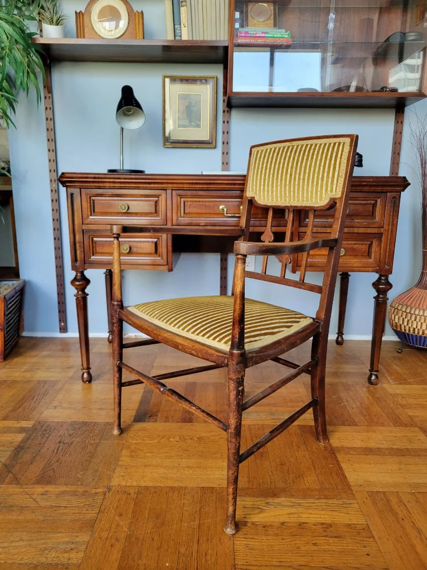Antique Mahogany Spindle Chair With Yellow Cushions thumbnail