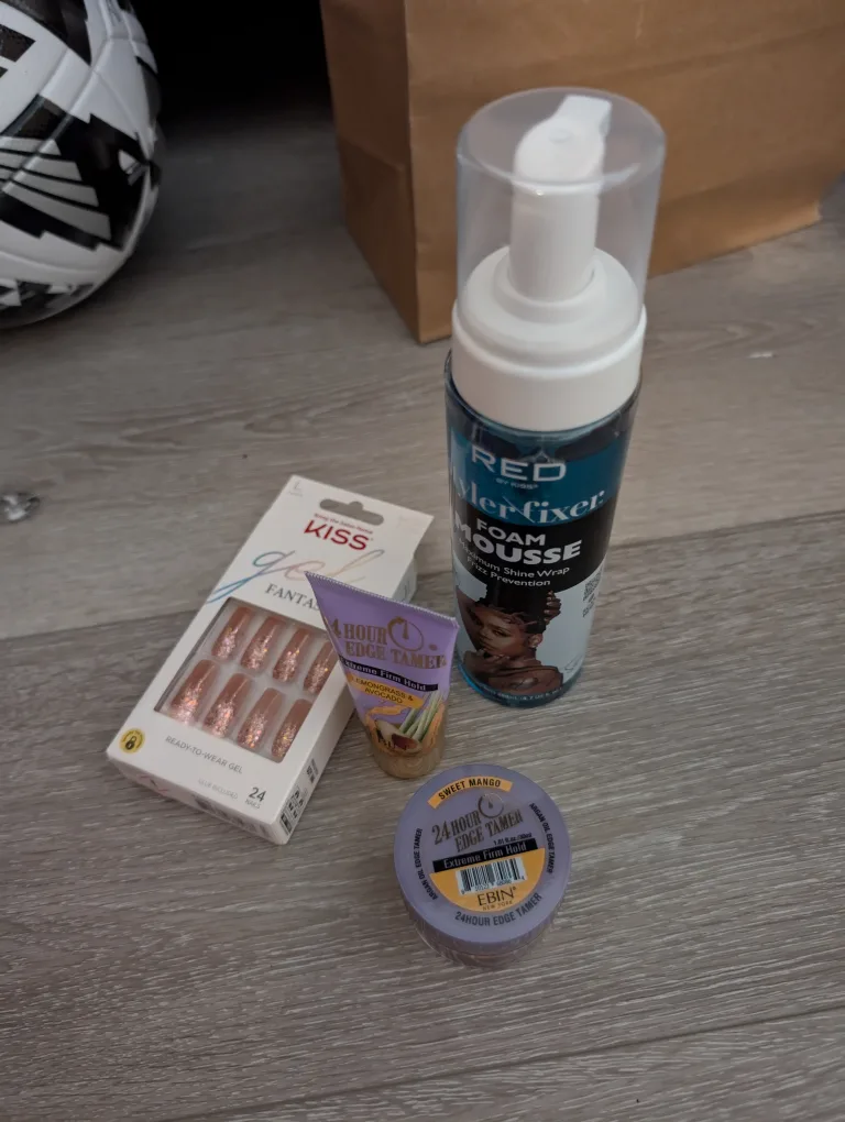 #freecycle Hair styling foam, edge tamer, and press-on gel nails