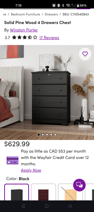 Solid Pine wood 4-Drawer Black Chest with metal knobs and wheels