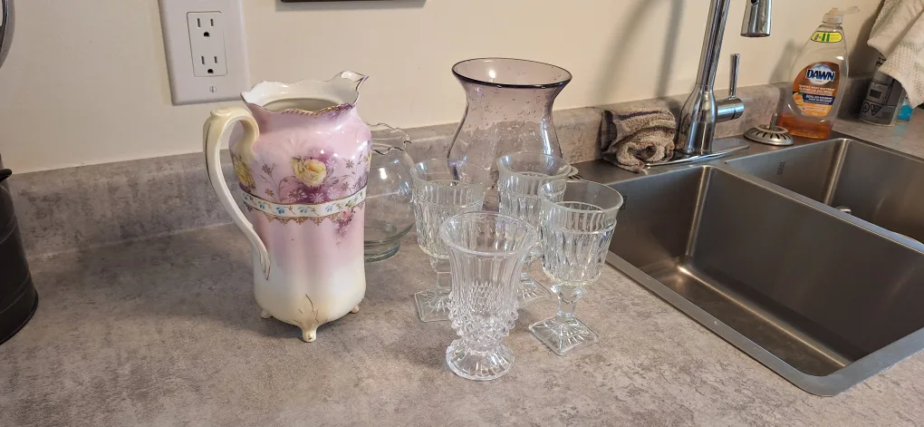 Vintage Pink Floral Pitcher and Glassware Set thumbnail