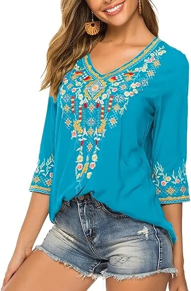Blue Exquisite Mexican Embroidered Blouse image indicator(2)