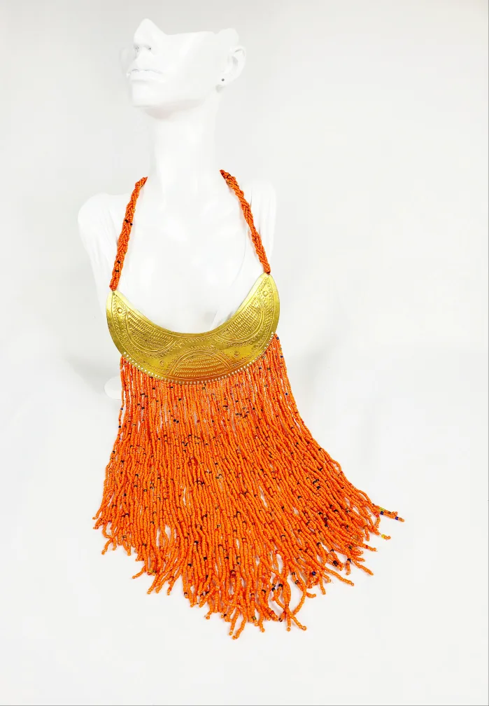 African brass necklace with orange Hand-beaded fringes image indicator(2)