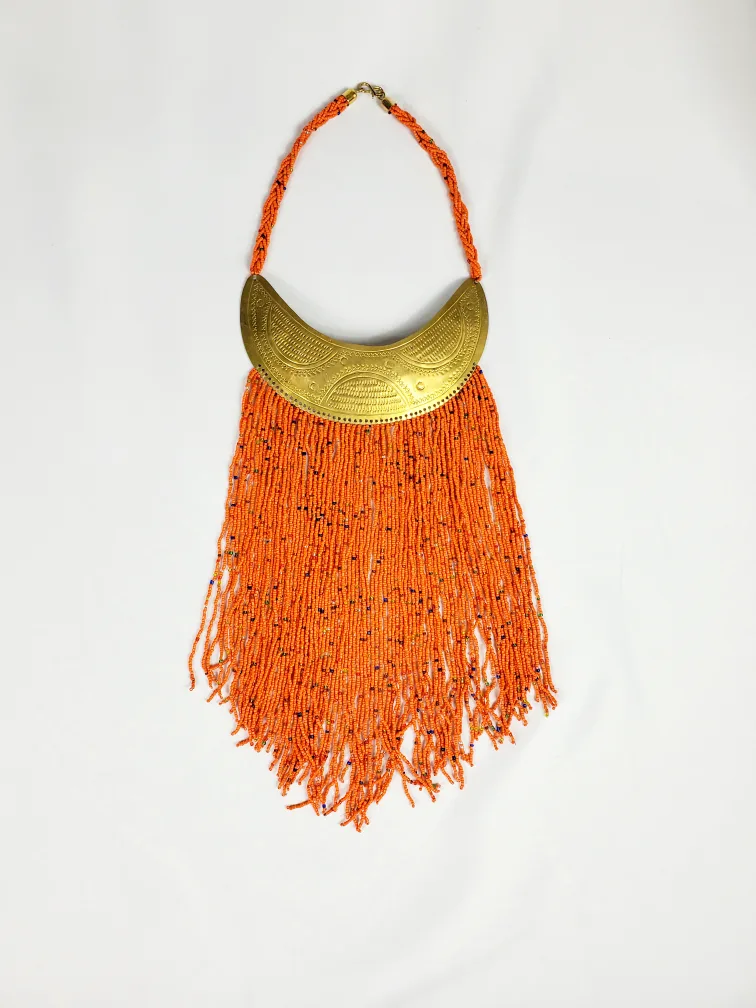 African brass necklace with orange Hand-beaded fringes image indicator(3)