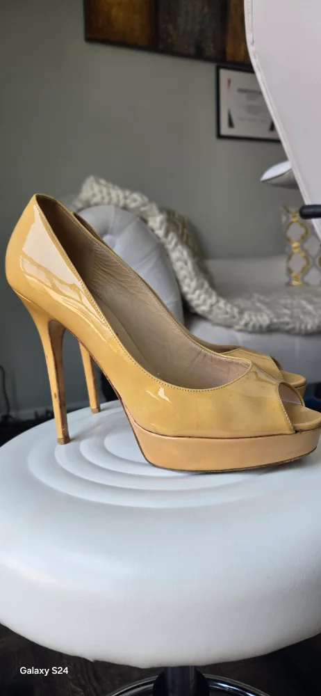 Jimmy Choo Leather Yellow Peep-Toe Heels thumbnail