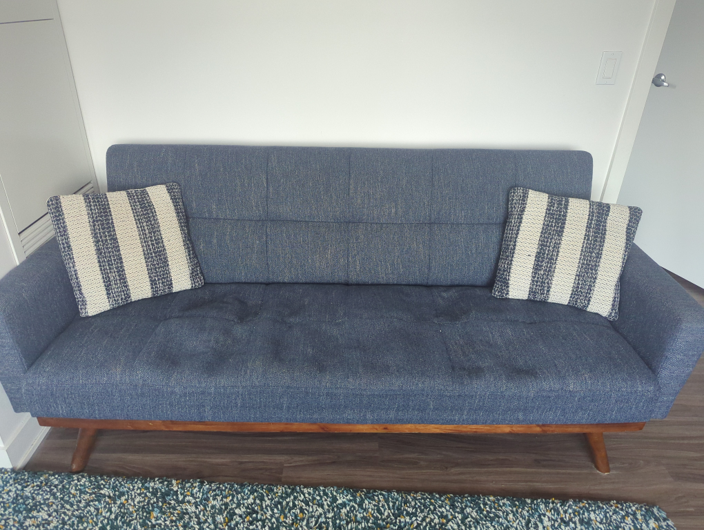 Mid-Century Modern Blue Sofa with Pillows