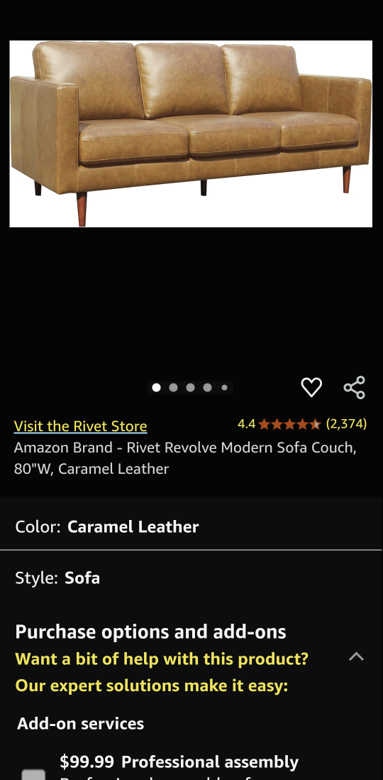 Rivet Revolve Modern Sofa Couch - Caramel Leather