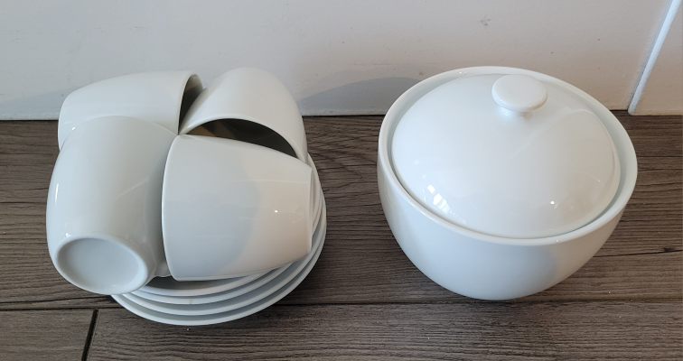 Set of 4 white coffee cups with saucers + sugar bowl