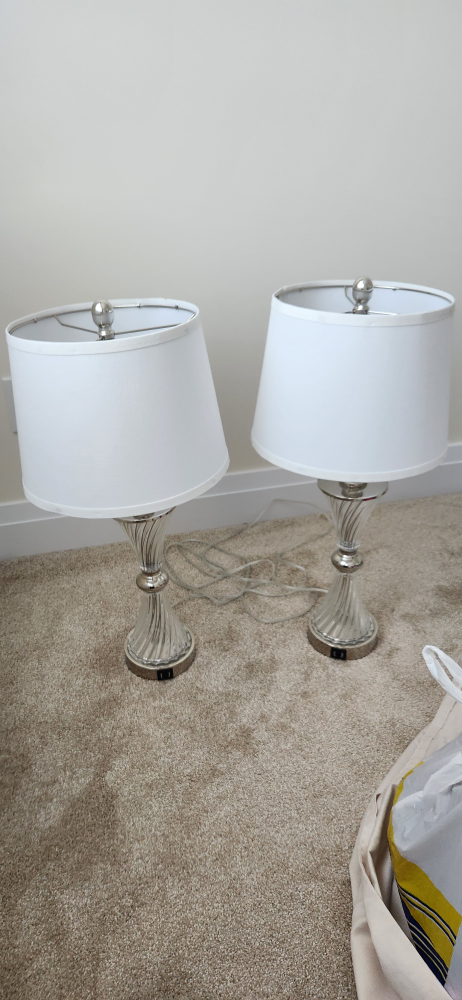 Pair of White Lamps with Silver Base