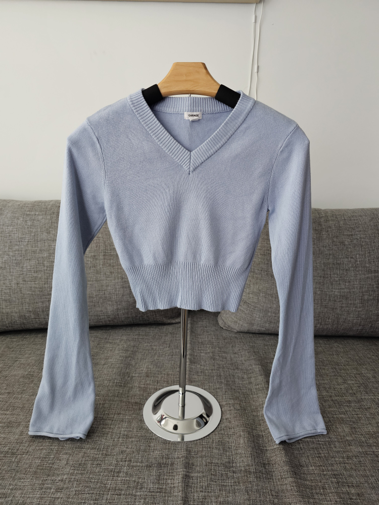 Light Blue Cropped V-Neck Bell Sleeve Knit Sweater