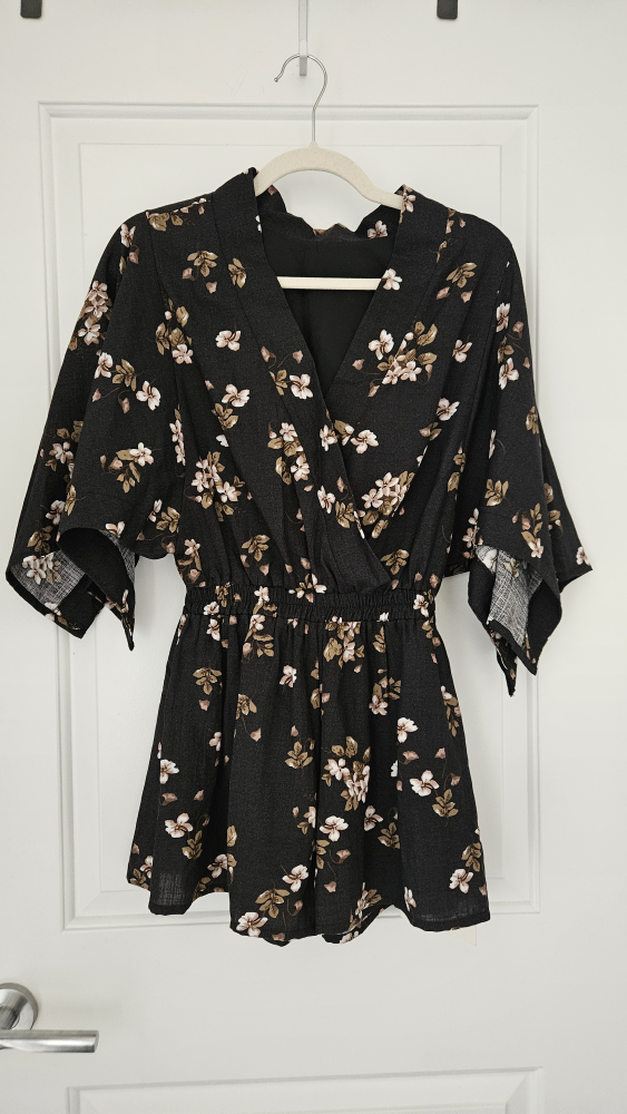 Beautiful Floral Print Romper (black, brown, white), Size Small